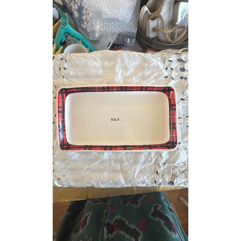 Rae Dunn HOLD trinket dish/sm platter red plaid tartan